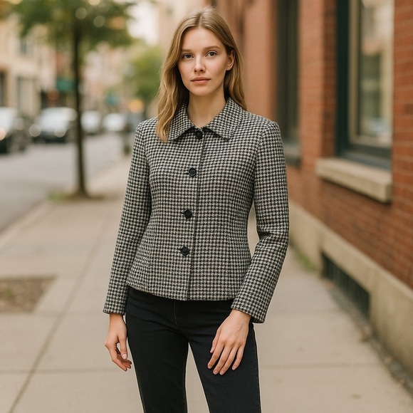𝅺Vintage 90’s Talbots Women’s Houndstooth Wool Blazer Size 8 Classic - Picture 1 of 11